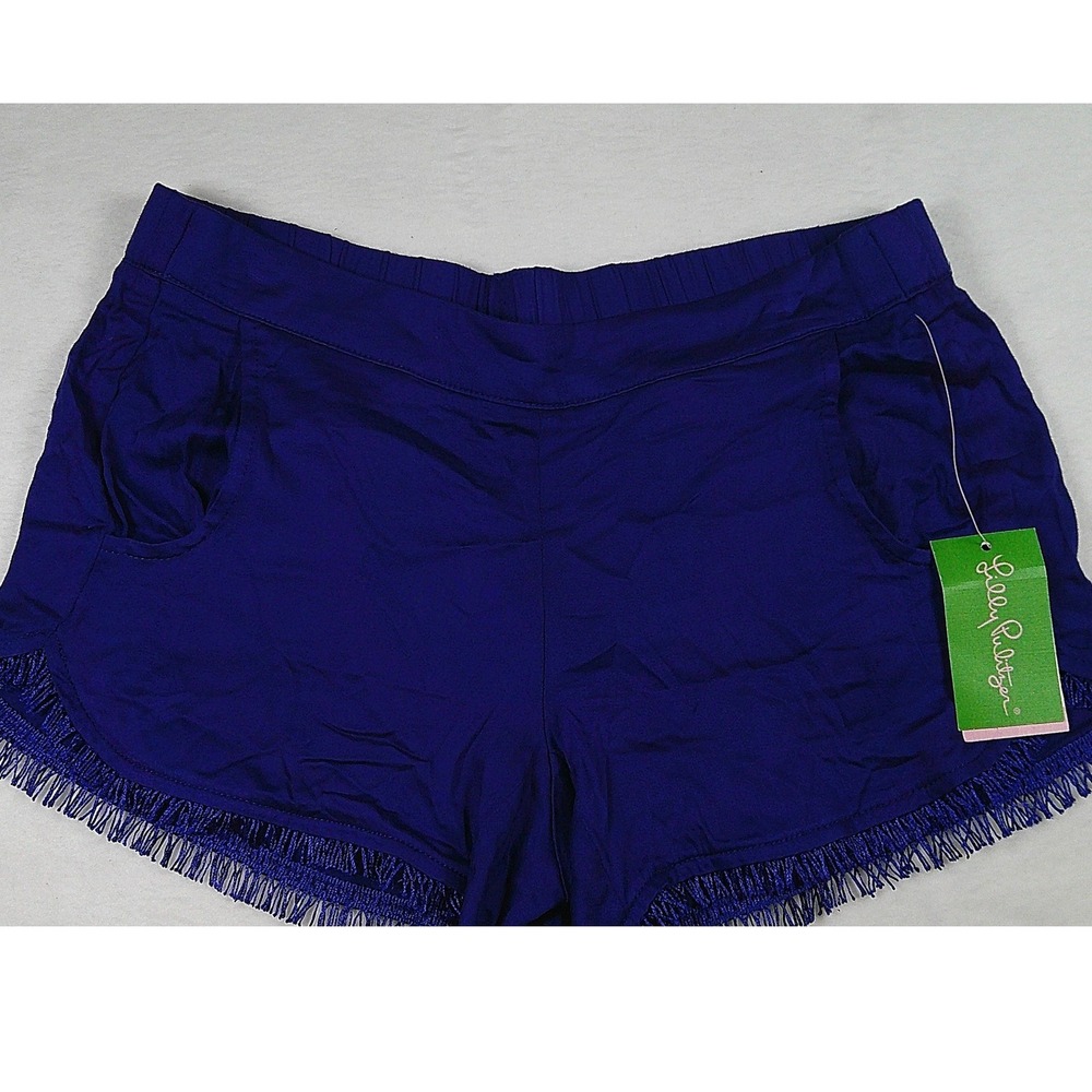 Lilly Pulitzer Blue Fringe Trim Knit Shorts Smocked Waist Pockets Small NEW